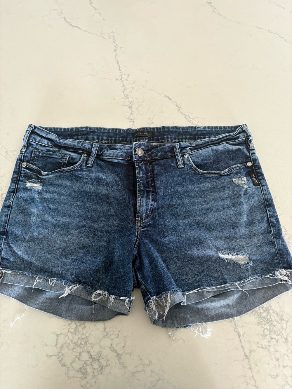 Silver Jeans Dark Blue Distressed Denim Cutoff Shorts